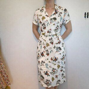 Tropical Hawaiian Scene Midi Dress Palm Trees Birds Belted Flowy Island Print L